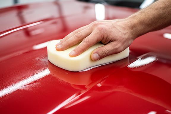 Aplicación manual de cera líquida sobre capó rojo con aplicador de espuma, reflejando luz y mostrando acabado espejo