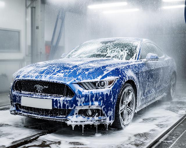 Coche brillante tras lavado profesional en túnel de lavado en Las Palmas, con espuma blanca y reflejos sobre carrocería azul